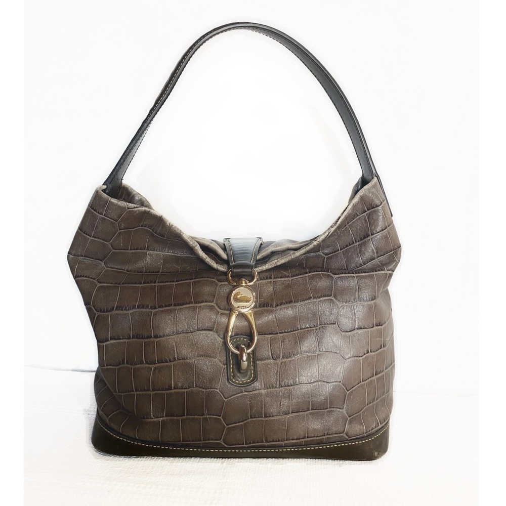 Vtg Authentic Dooney & Bourke Croc Embossed Leather Shoulder Bag Dark Brown